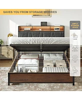 Hausource Full Size Lift Up Storage Bed Frame with Charging Station No Box Spring Needed
