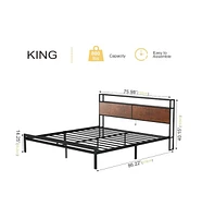 Hausource King/Twin Size Bed Frame with Storage Headboard & Charging Station No Box Spring Needed