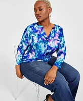 I.n.c. International Concepts Plus Printed Long-Sleeve Top, Exclusively at Macy's