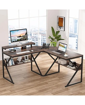 Tribesigns L Shaped Desk with Storage Shelves and Monitor Stand, Study Writing Table Workstation for Home Office