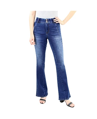 Indigo Poppy Women's Tummy Control Seamed Detail Flare Wide Leg Jean