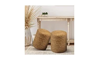 Slickblue Natural Seagrass Ottoman Pouf – Handwoven Round Footstool with Jute Cover, Boho Accent Chair for Living Room or Bedroom