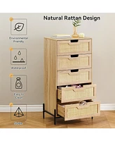 gaomon Modern Rattan 5 Drawers Dresser, Double Dresser for Bedroom, Chest of Drawers Closet Organizers and Storage Clothes