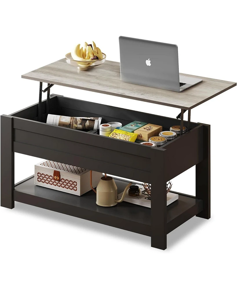 Wlive Modern Rustic Coffee Table with Storage Shelf and Hidden Compartment,Wood Lift Tabletop for Home Living Room,Black,Greige.