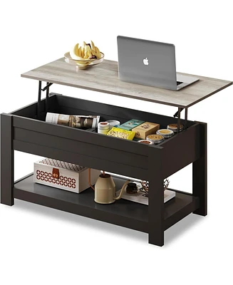 Wlive Modern Rustic Coffee Table with Storage Shelf and Hidden Compartment,Wood Lift Tabletop for Home Living Room,Black,Greige.