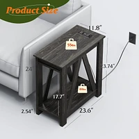 Wlive Narrow End Table with Charging Station of Open Storage Shelf，Sofa Side Table with 2 Usb Ports and 2 Power Outlets，Slim Farmhouse E