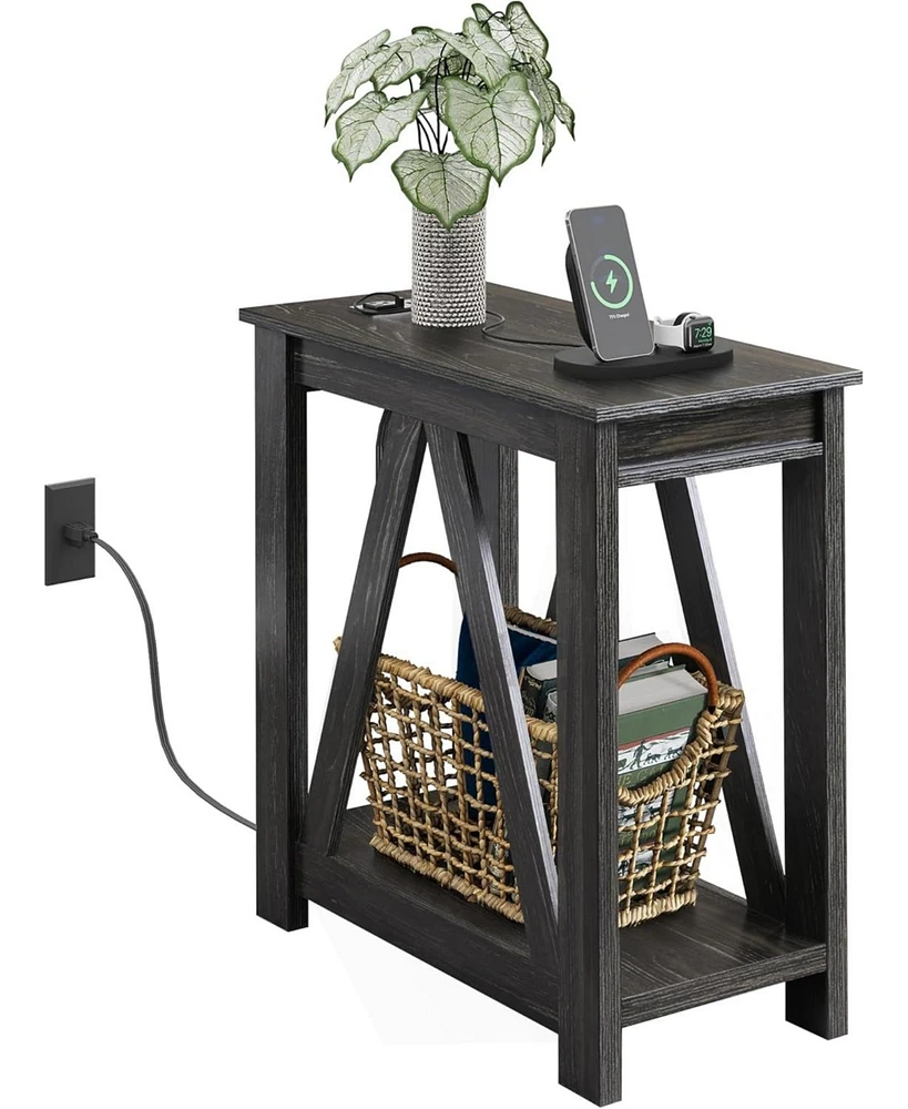 Wlive Narrow End Table with Charging Station of Open Storage Shelf,Sofa Side Table with 2 Usb Ports and 2 Power Outlets,Slim Farmhouse E