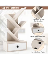 Gymax 5-Tier Tree Bookshelf w/ Wooden Drawer Display Storage Organizer Rack Beige