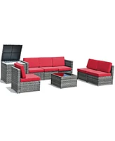 Sugift 8 Piece Wicker Sofa Rattan Dinning Set Patio Furniture with Storage Table-Red