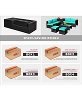 Sugift 8 Pieces Patio Rattan Storage Table Furniture Set-Turquoise