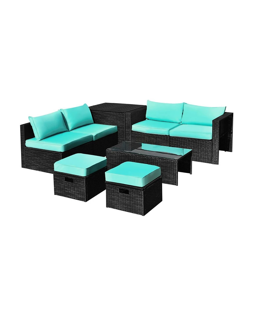 Sugift 8 Pieces Patio Rattan Storage Table Furniture Set-Turquoise