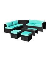 Sugift 8 Pieces Patio Rattan Storage Table Furniture Set-Turquoise