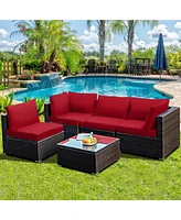 Sugift 5 Pieces Cushioned Patio Rattan Furniture Set with Glass Table-Red