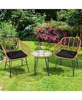 Sugift 3 Pieces Rattan Furniture Set with Cushioned Chair Table-Black