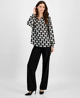 T Tahari Women's Printed Long-Sleeve Satin Split-Neck Top