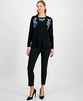 Kasper Embroidered Cardigan Embroidered Sweater Pull On Pants