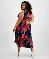 Robbie Bee Plus Floral-Print Cowlneck Midi Dress