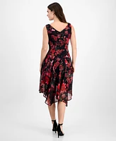 Robbe Bee Petite Floral Cowlneck Asymmetric-Hem Midi Dress