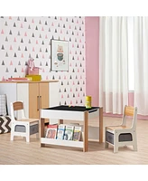 LuxenHome Kids Art Play Activity Table with Storage Shelf and Chair Set with Storage Baskets, White & Gray