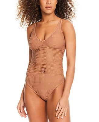 Sanctuary Women's Sea Crochet V-Neck High-Leg Tank One-Piece Swimsuit