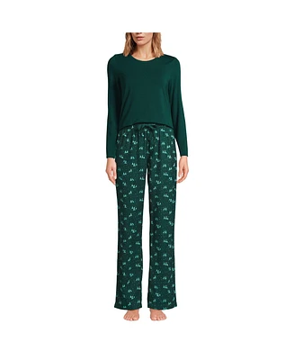 Lands' End Women's Pajama Set Knit Long Sleeve T-Shirt and Flannel Pants