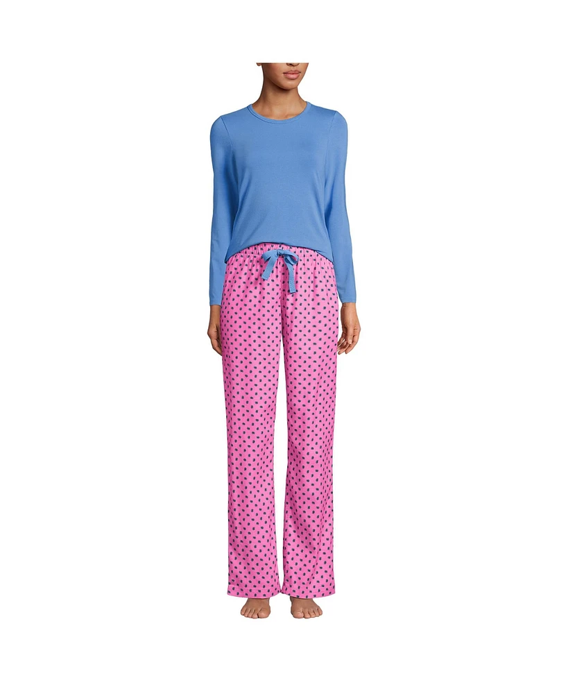 Lands' End Women's Pajama Set Knit Long Sleeve T-Shirt and Flannel Pants