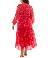 Taylor Plus Floral-Print Blouson-Sleeve Maxi Dress