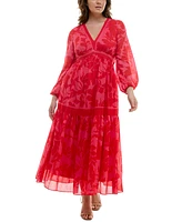 Taylor Plus Floral-Print Blouson-Sleeve Maxi Dress