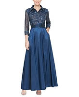 Alex Evenings Women's Sequin-Embroidered 3/4-Sleeve Belted Dress