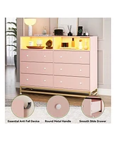 gaomon 6 Drawer Double Dresser Tv Stand, Bedroom Dresser With Power Outlet & Led Light, Wood Dresser For Room, Hallway, 47.2''W15.8''D36.2''H (