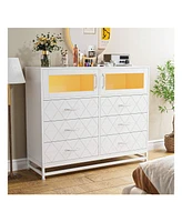 gaomon Dresser For Bedroom With Led Lights And Charging Station, 6 Drawer Double Dresser With 2 Shelves, Wide Modern Wooden Chest Of Drawers For Bedro