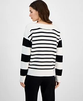 T Tahari Women's Mixed-Stripe Boat-Neck Long-Sleeve Sweater