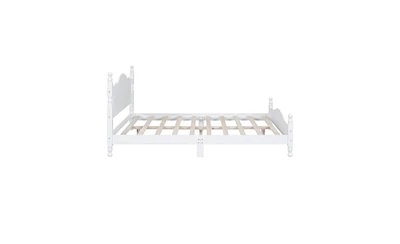 Slickblue Queen Size White Wood Platform Bed Frame in Retro Style with Wooden Slat Support