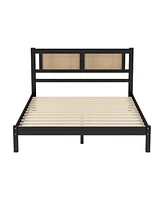 Slickblue Platform Bed with Natural Rattan Headboard for Boho Look