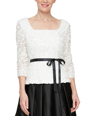 Alex Evenings Women's 3Square Neck Soutache Lace Belted Blouse