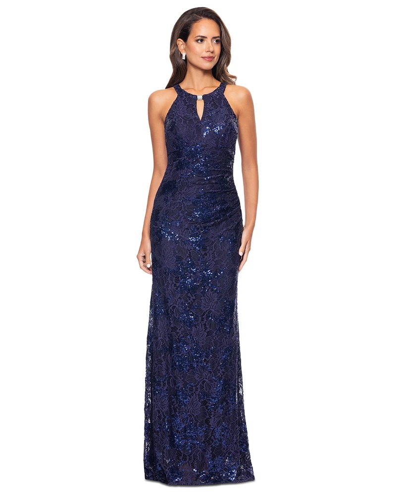 Betsy & Adam Women's Sequin Floral Halterneck Gown