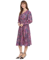 London Times Petite Printed Smocked-Waist Dress