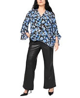 Vince Camuto Plus Floral-Print V-Neck Flutter-Sleeve Top