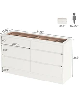 Tribesigns 6 Drawer Dresser with Jewelry Display Storage, Modern White 55" Chest of Dresser with Glass Top, Wood Double Dresser Storage Organizer for