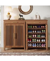 Tribesigns Shoe Cabinet, 5-Tier Storage Cabinet with Louvered Doors and Drawer, Freestanding Wooden Rack Organizer Adjustable Shelves f