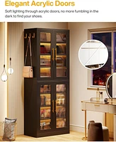 Tribesigns Tall Shoe Cabinet with Acrylic Doors and Led Lights, 8-Tier Entryway Storage Rack Adjustable Shelves Hanging Hooks for Narrow