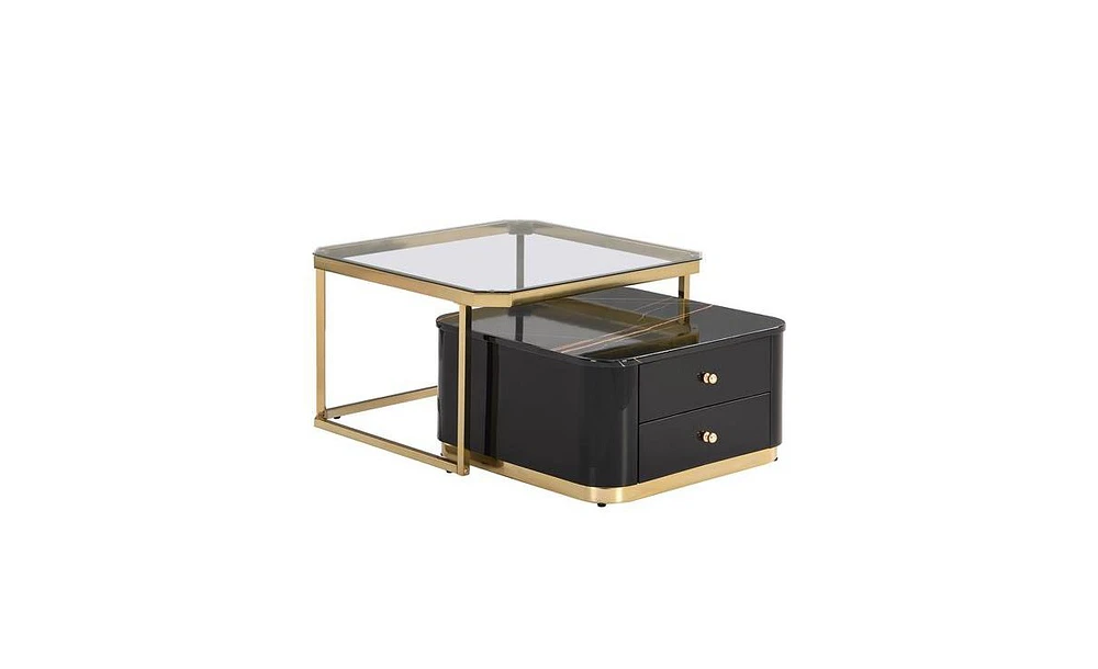 Slickblue Modern 2-Piece Square Nesting Coffee Table Set with Drawers and Electroplated Gold Legs - 27.6”