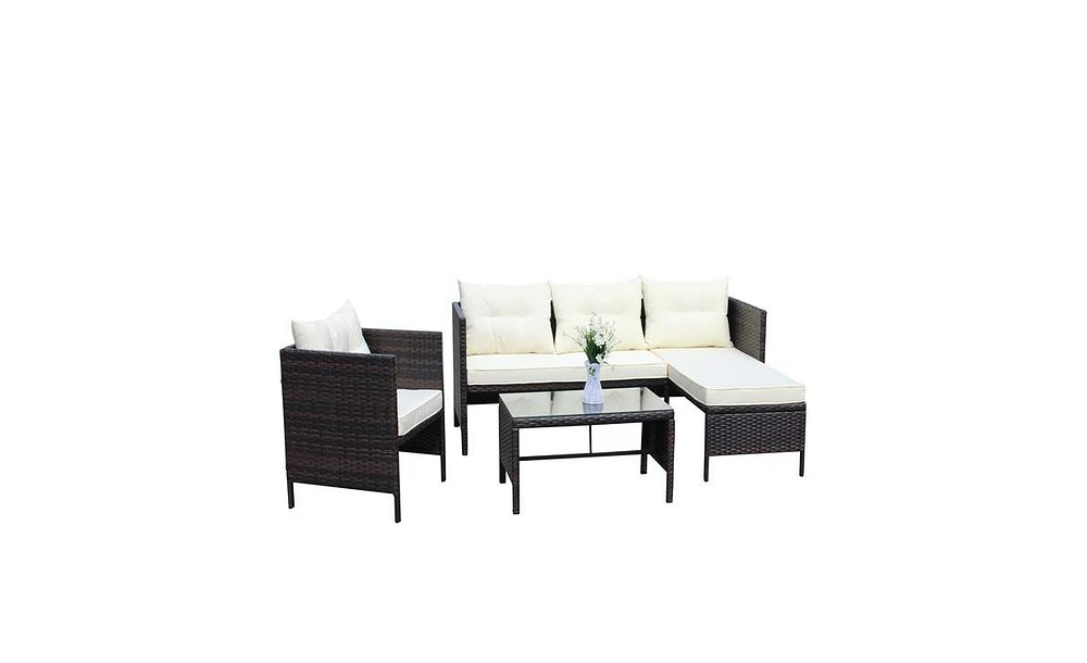 Slickblue 4-Piece Outdoor Patio Furniture Set – Wicker Rattan Sectional Sofa with Beige Seat Cushions