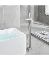 Flynama Single-Handle Free Standing Waterfall Tub Filler Bathroom Tub Faucet with Handheld Shower in Brushed Nickel