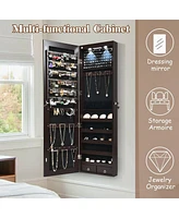 Sugift Wall and Door Mounted Mirrored Jewelry Cabinet with Lights-Brown