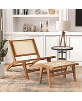 Costway Mid Century Modern Accent Chair with Ottoman Teak Wooden Frame Farmhouse