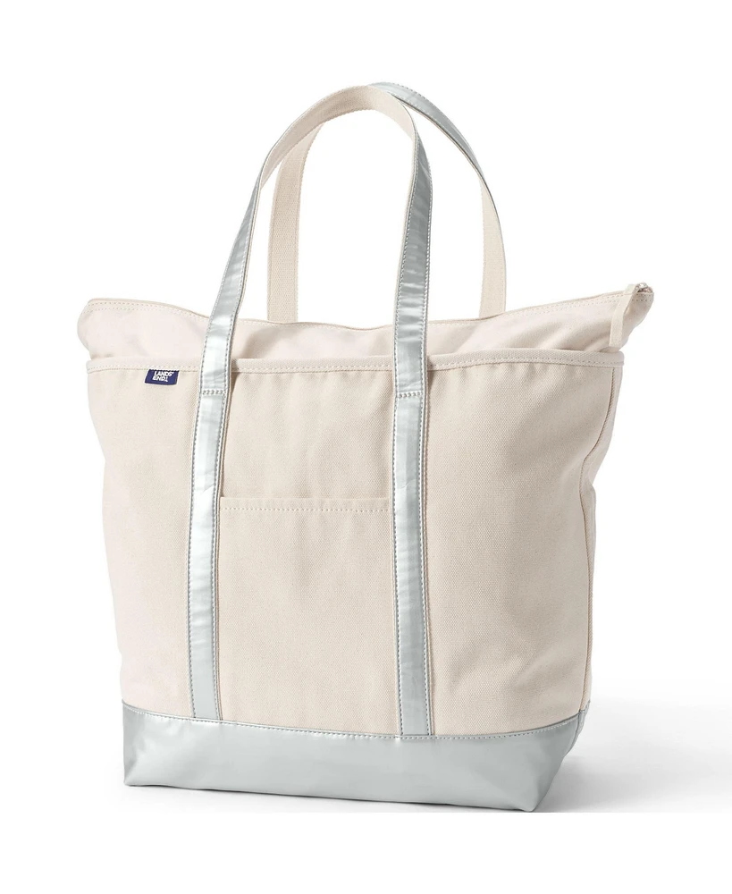 Lands' End -Large Metallic 5 Pocket Zip Top Long Handle Canvas Tote Bag