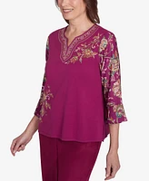 Alfred Dunner Women's Wine Country Embroidered Floral Sleeve Split Neck Top