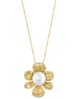 Effy Collection Cultured Freshwater Pearl (9.5MM) & Diamond Flower Pendant Necklace (1/6 ct. t.w.) in 14k Yellow Gold, 18"