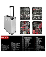 Sugift 399-Piece Home Repair Tool Box, Tool Set Kit with 4 Drawers And Wheels